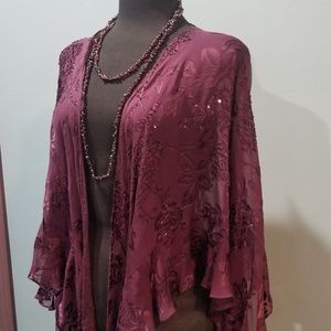 Burgundy Wine sheer beaded cape one size